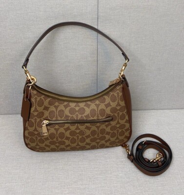 COACH Teri Hobo Bag Signature Canvas Tan/Brown CV940 Outlet