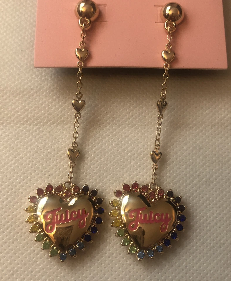 Pendientes colgantes Juicy Couture tono dorado corazón en cadena con detalles de cristal nuevos con etiquetas Foto 2 de 4