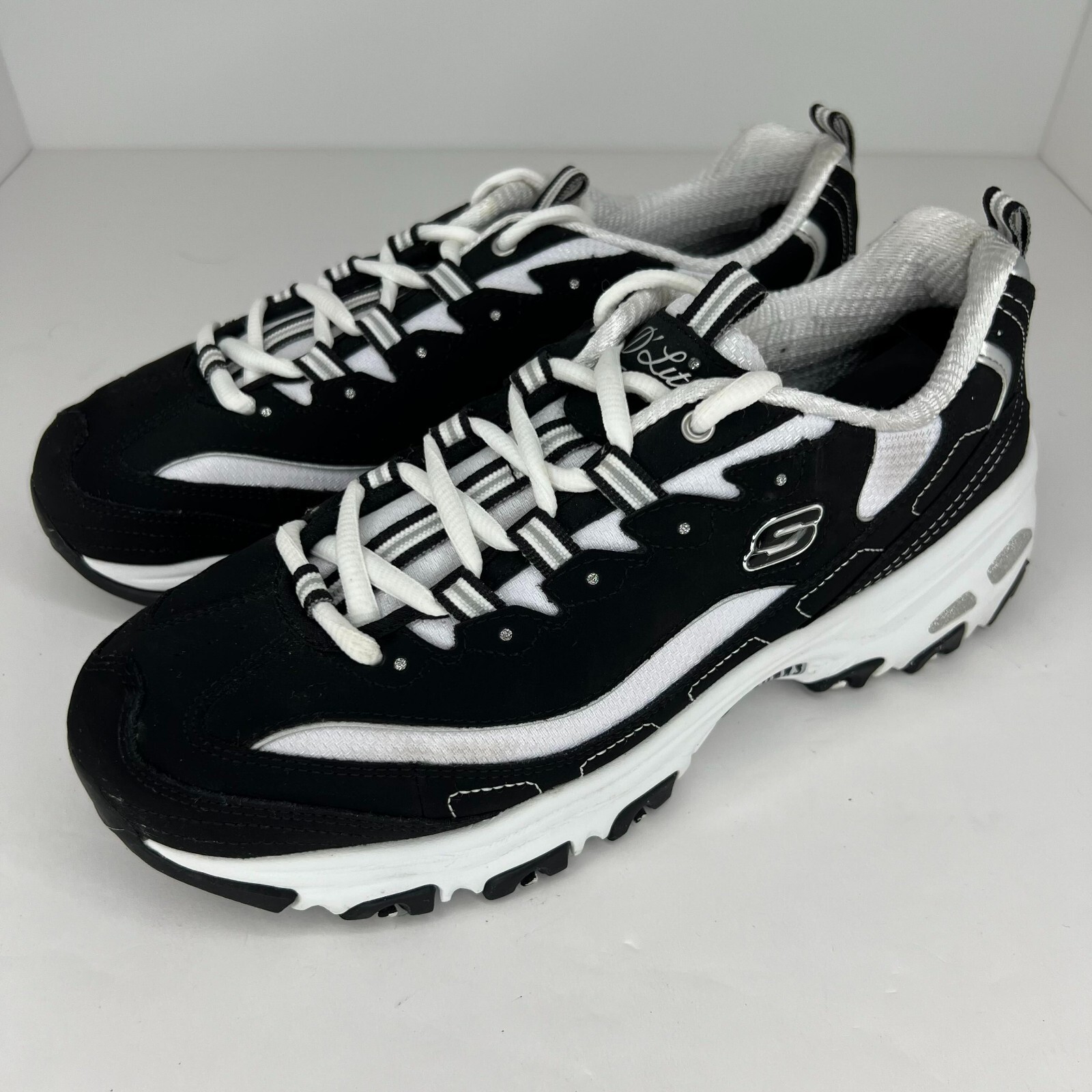 Skechers Womens D Lites Biggest Fan Black Leather Running Shoes Size 9