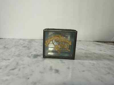 Vintage Small Clear and Blue Leaded Glass and Brass Mirrored Base Square Jewelry