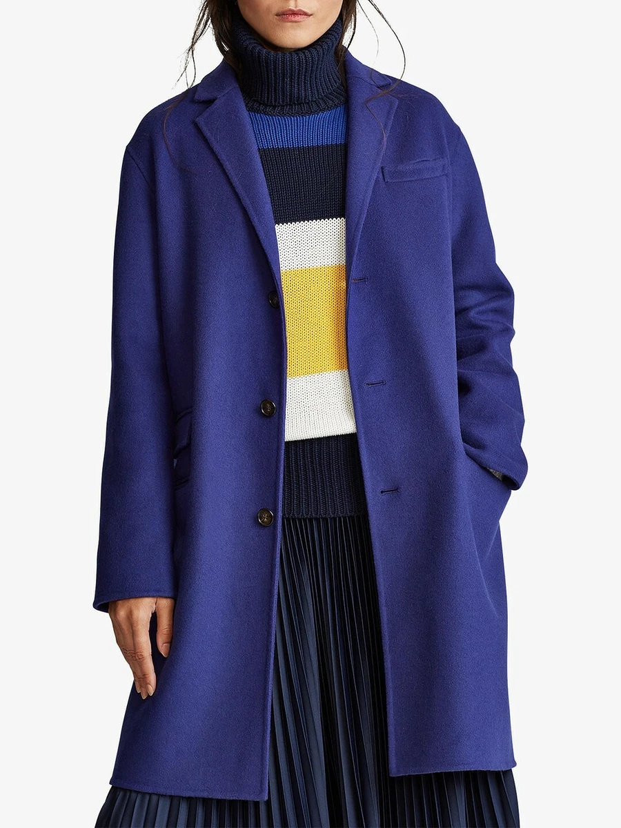 Polo Ralph Lauren Womens Wool Perry Blue Double Face Jacket Trench Coat Med  $598