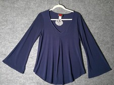 Amore Navy Bell Sleeve V-Neck Flare Hem Tunic Top Size M Made in USA $49