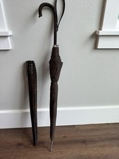 Vtg Faux Leather Handled Brown Umbrella Croc Embossed Case 50s 60s MCM Retro