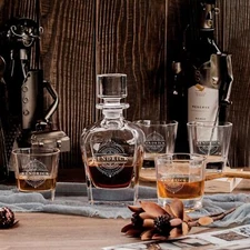 Engraved Curve Whiskey Decanter Set with 4 Scotch Glasses