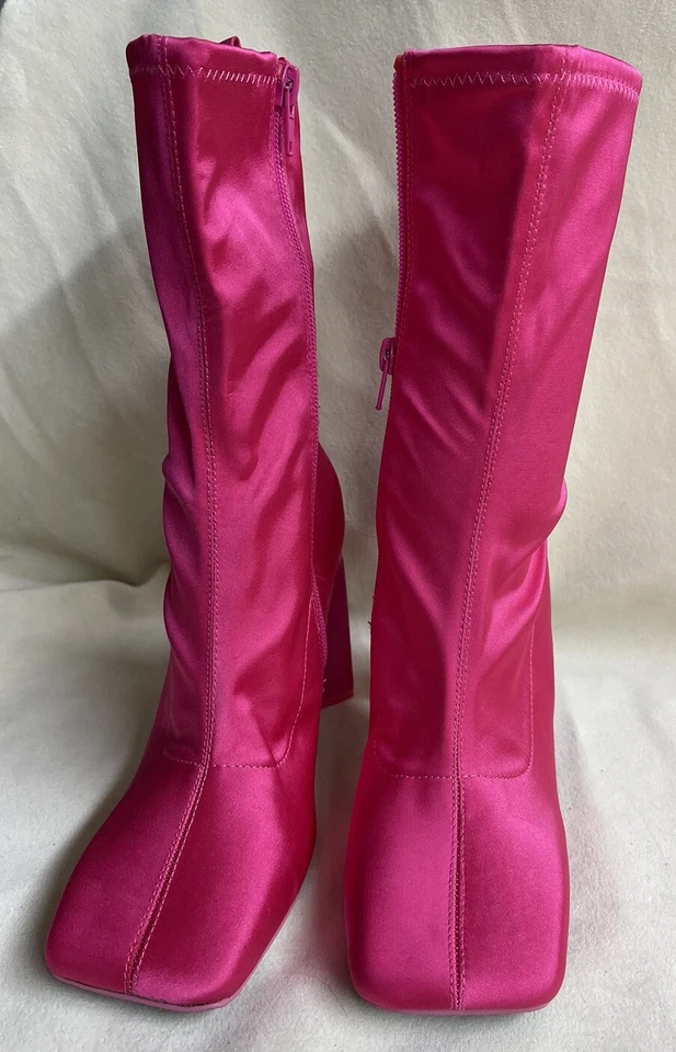 Bota Rosa Satén Talla 6.5 Tacón Alto Botines Zapatos Puntera Cuadrada Cremallera Lateral Nuevo Foto 3 de 4