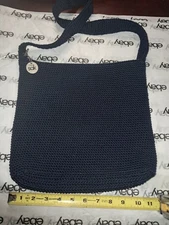 The Sak Crochet Shoulder Bag – Navy Blue Woven Boho Purse, Zip Top