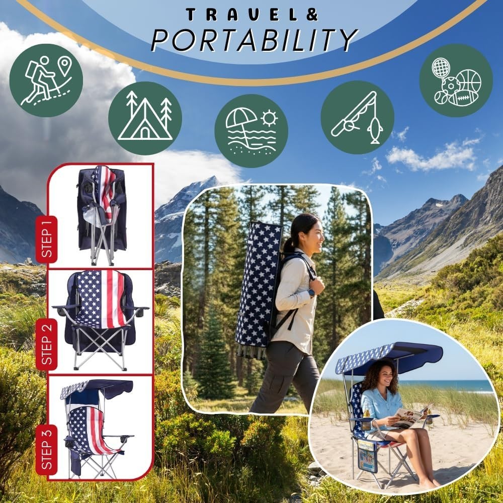 Folding Camping Chair with Canopy Portable Foldable Beach Chair w/ Sun Shade
