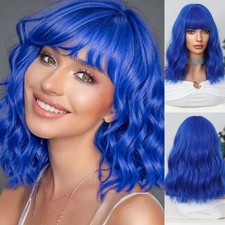 Short Royal Blue Synthetic Bob Wig with Bangs for Women Wavy Water Wave Hair Edg