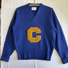 True Vtg 60s 70s Varsity V Neck Sweater Knit Sz 38 Small Blue Patch College USA