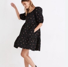 Madewell Quilted Puff-Sleeve Mini Dress in Black Amie Floral (XS)