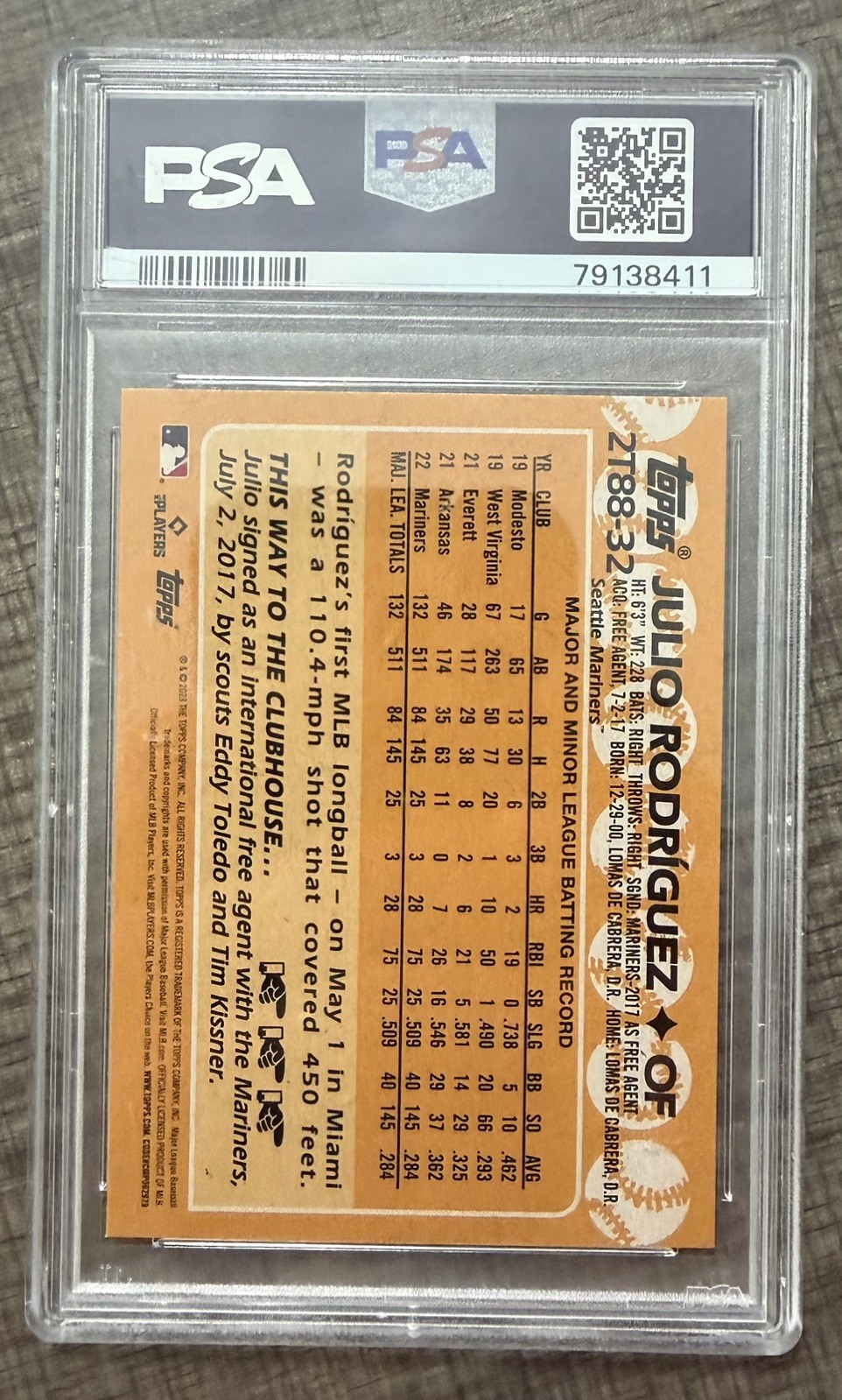 2023 Topps Julio Rodriguez 1988 35th Anniversary Series One PSA 9 Mariners Grade view 2