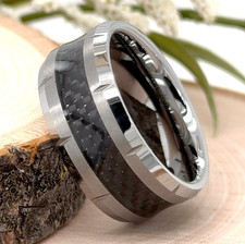 10mm Tungsten Wedding Band Polished Silver Design with Black Carbon Fiber Ring