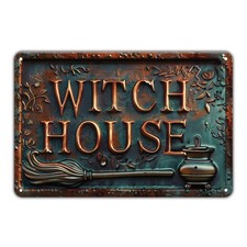 Witch Decor Metal Sign House Broom Signs Halloween 12 x 8 inches,