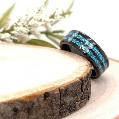 8mm Black Tungsten Engraved Ring Faceted Blue Glitter Inlay Band For Christmas