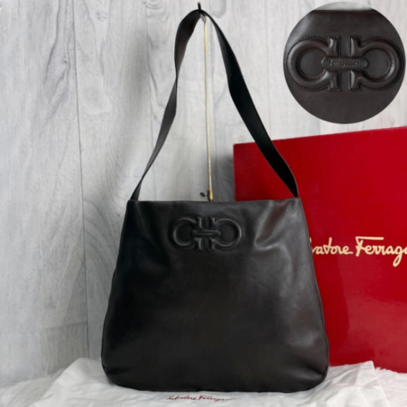 Salvatore Ferragamo Leather Hobo Shoulder Bag Brown Used Authentic