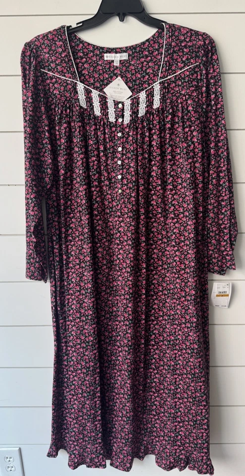 Camisón Eileen West Negro Rojo Rosa Floral TEJIDO DE ALGODÓN Largo Slv Ballet 3X NUEVO Foto 2 de 4