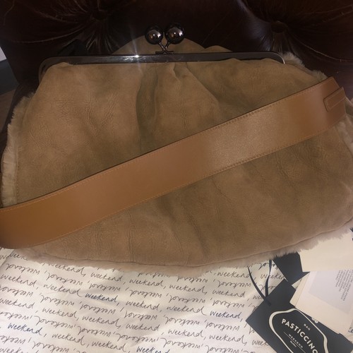 Weekend Max Mara Suede Shearling Pasticcino Oversized Clutch Bag Tan $1350 New