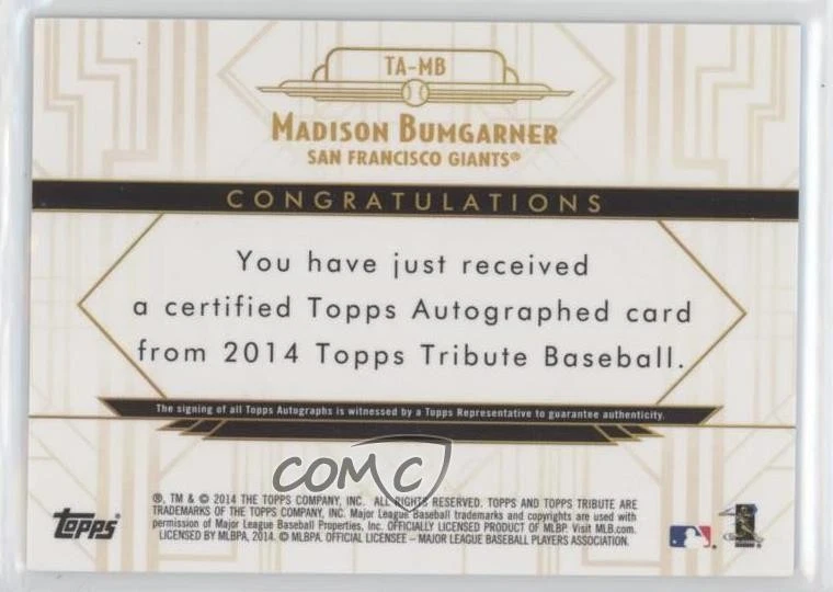 2014 Topps Tribute Auto Blue /50 Madison Bumgarner #TA-MB Auto - Image 2 of 2