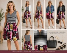 Just Taylor Dress Size 22 Black Stripe Floral Fit & Flare Pockets