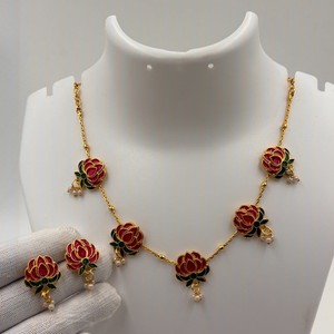 Authentic Gold Plated Lotus Necklace Set Earrings Red Green Enamel Artificial Pearl