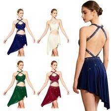 Women Leotard Cutout Waist Dance Costume Rhinestones Dance Dress Competition