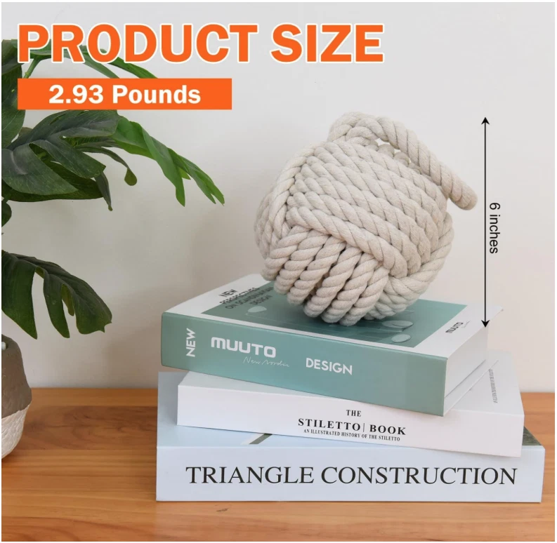 Tope de puerta con nudo de cuerda, tapón náutico pesado de 6" para puerta, ventana, sujetalibros - blanco Foto 3 de 4