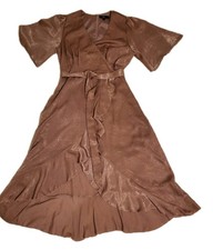 LULU'S Sz L Wrapped Up In Love Mauve Satin Faux Wrap Midi VNeck Dress
