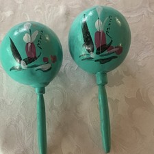 Hand-painted Wooden Maracas Pair Turquoise Percussion Shakers, 2pcs