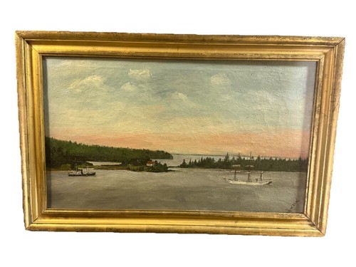 Antique Folk Art Nautical Oil on Canvas Seascape Painting w/ Lemon Gold Frame
