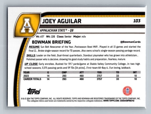2024 Bowman Chrome University #103 Joey Aguilar refractor azul #/199 - Imagen 2 de 2