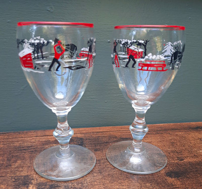 Vintage Libbey Currier & Ives Stemware ''Getting Ice'' Cordial Cocktail Glass 2pc 