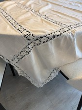 Vintage Hand Crocheted White Lace And Cotton Tablecloth 84 L x 73 w, Dry Clnd