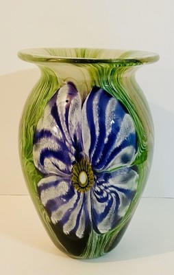 Beautiful Hand Blown Vase Very Detailed With Irises Signed Heavy!