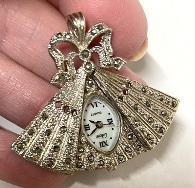 Collezio Marcasite Fan Bow Pendant Necklace Hidden Dial Watch Silver Tone-works