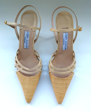 JOSEPH AZAGURY Shoes Kitten Heels Beige Leather & Rafia Italy Designer  37 UK 4