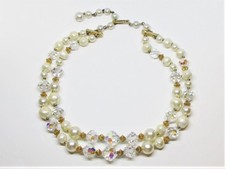 Vintage AB Crystal  Faux Pearl Choker, Double Multi-Strand Beaded Necklace