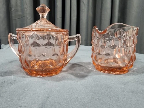 Vintage Pink Depression Jeannette Glass Creamer & Sugar W/Lid 3” Cube/“Cubist”