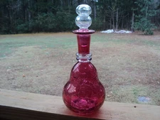 VTG MCM BLENKO? Cranberry Crackle Blown Glass Decanter 2 Rings