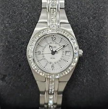 Relic Watch Silver Tone Pave Crystal Bezel & Band ZR11788 Day 7.25" Need Battery