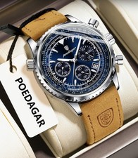 POEDAGAR Mens Chronograph Wristwatch Quartz Waterproof Luminous Leather Strap