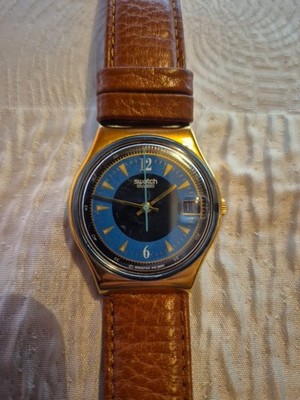 Vintage SWATCH UHR  QUARTZUHR SWISS MADE 1992 Blau gold mit braunem Armband