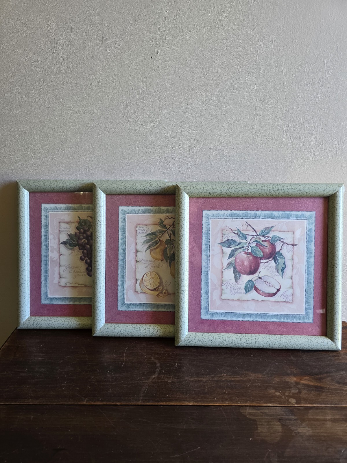 VTG Set Of 3 Square Home Interior Prints Framed Apples Grapes Lemons Fruits