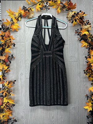SEXY DRESS WOW COUTURE GOLD LABEL Silver BEADED SHEATH Heavy Thick Medium  BLACK