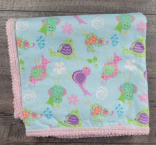 Baby Girl New Homemade Flannel Blue  Pink Bird Crochet Edge 42x40 Baby Blanket