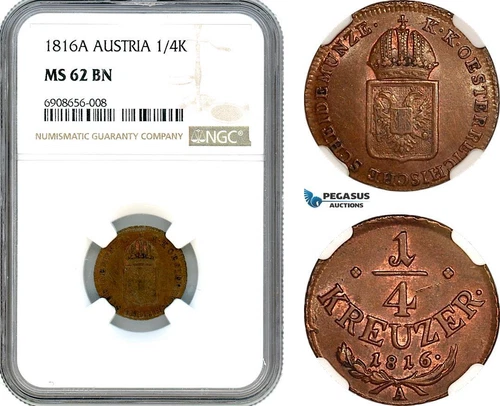 AK195, Austria, Franz II, 1/4 Kreuzer 1816 A, Vienna Mint, NGC MS62BN
