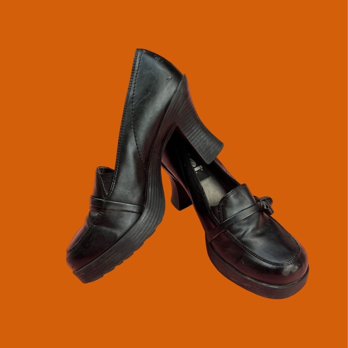 Vintage Y2K LEI Chunky Black Faux Leather Loafer Heels Small Platform  Women's