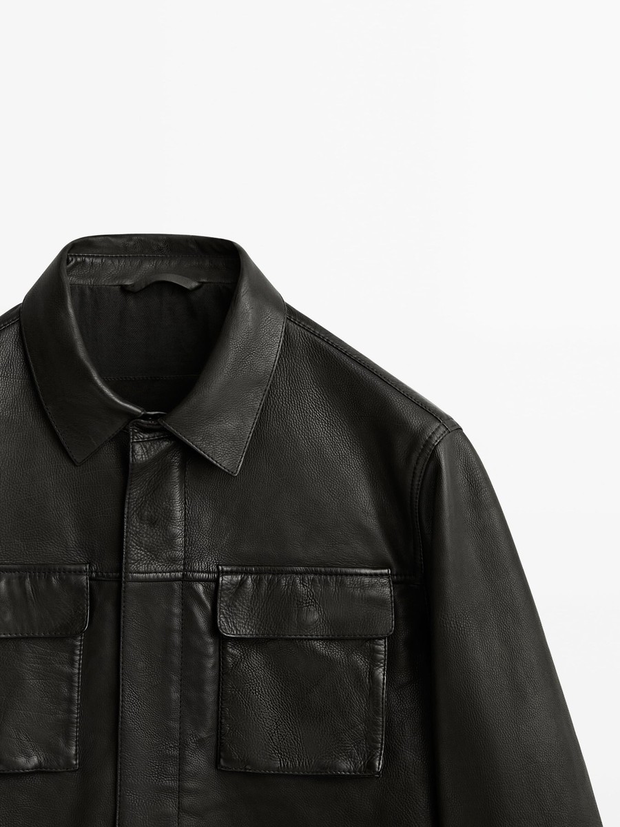 New Massimo Dutti Men Tumbled Leather Jacket 3302/223 Black S