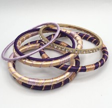 7 Strand Wrapped Purple Pink Bangle Gold Tone Rhinestone Bracelet Set