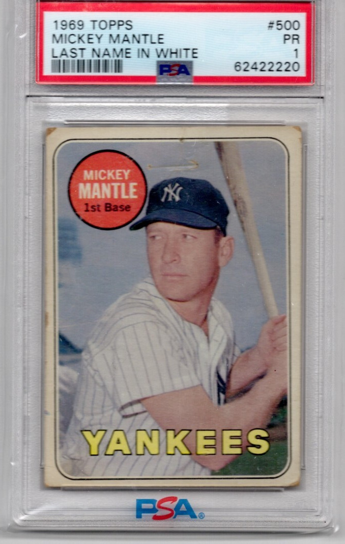 1969 Topps Baseball Cards #500 Mickey Mantle Last Name in White PSA 1 PR