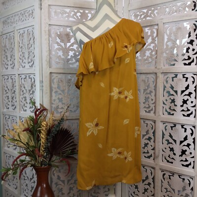Mossimo Dark Yellow Floral Ruffled One Shoulder Shift Dress Size Medium
